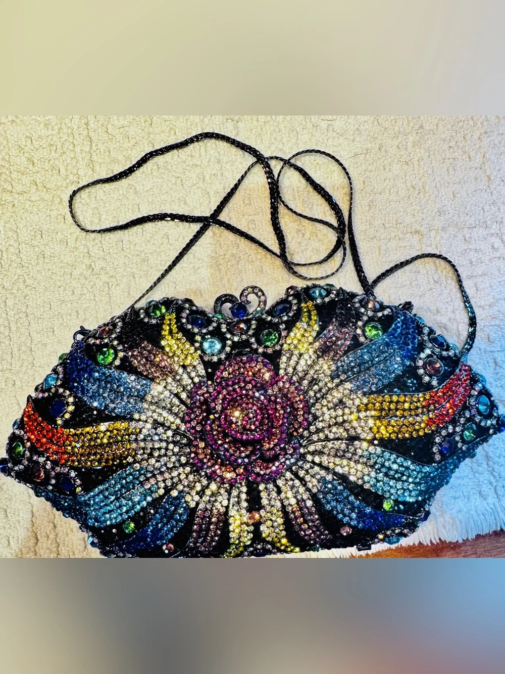 Crystal-Embellished Rose and Rainbow Color Vibrant sparkly Opera Clutch Bag